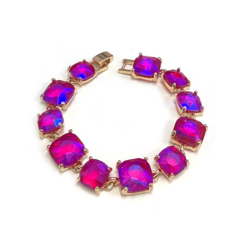 Cushion Cut Glass Crystal Linked Station Bracelet: RAINBOW