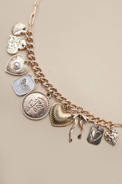 CHARM NECKLACE-CUSTER BOW HEART PEARL LINK
