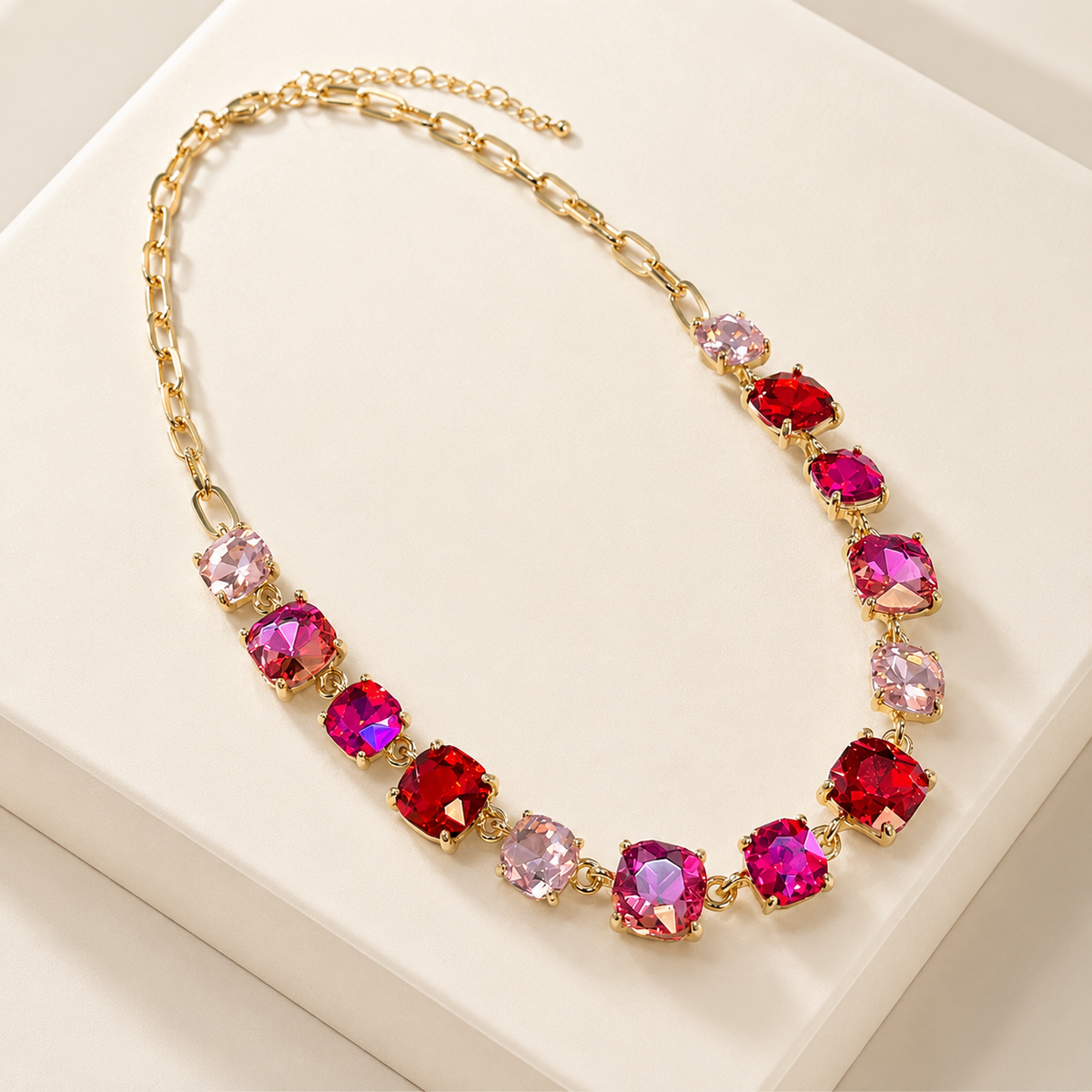 Cushion Cut Square Glass Crystal Linked Chain Necklace : GORGEOUS MULTI 2