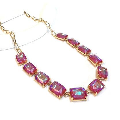 Rectangle Crystal Glass Linked Statement Chain Necklace : Blackdia-AB
