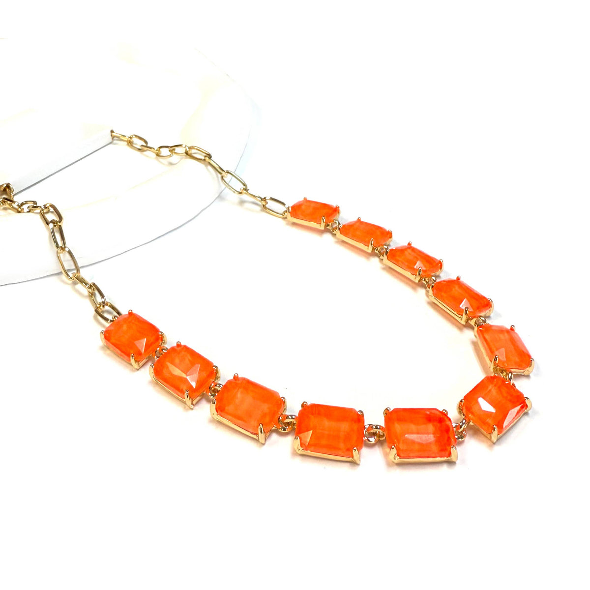 Rectangle Crystal Glass Linked Statement Chain Necklace : Blackdia-AB