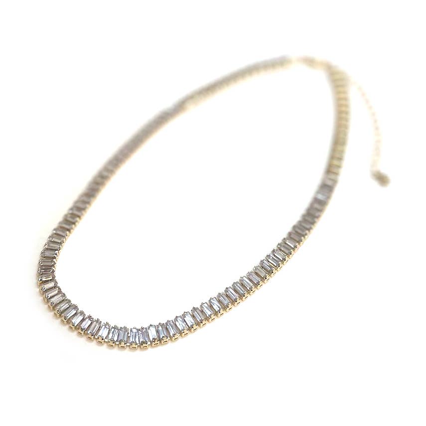 Cubic Zirconia CZ Baguette Bead Linked Choker Necklace: Hematite