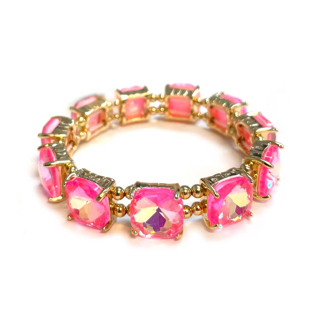 Neon Cushion Cut Glass Crystal Linked Stretch Bracelet: Neon-Mint-AB