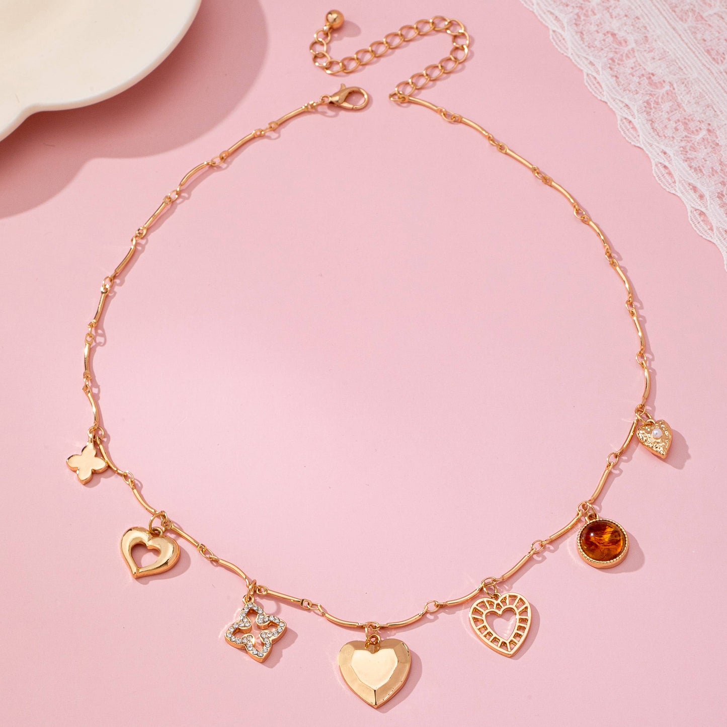 CHARM NECKLACE-HEARTS CLOVER STONE