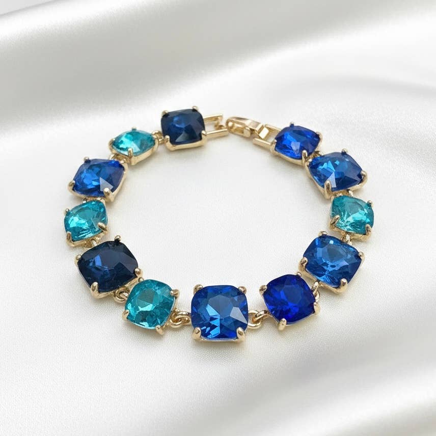 Cushion Cut Glass Crystal Linked Station Bracelet: Green Multi