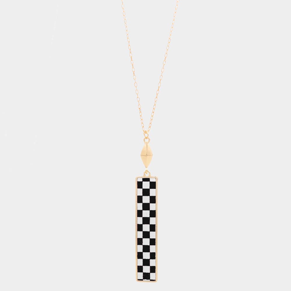 Checkerboard Rectangle Pendant Long Necklace: Jet Black