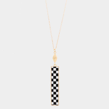 Checkerboard Rectangle Pendant Long Necklace: Jet Black