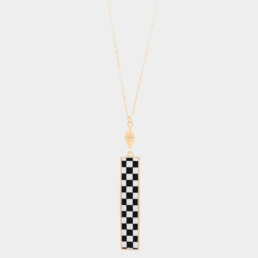 Checkerboard Rectangle Pendant Long Necklace: Jet Black