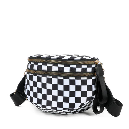 Paulina Nylon Waterproof Multi-Compartment 10" Crossbody Bag: Black White Checker