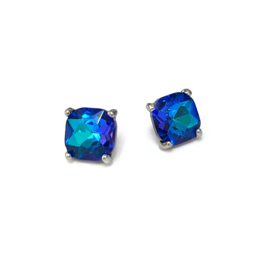 12mm Cushion Cut Square Crystal Glass bead stud Earrings: ANTIQUE-SILVER-BLUE