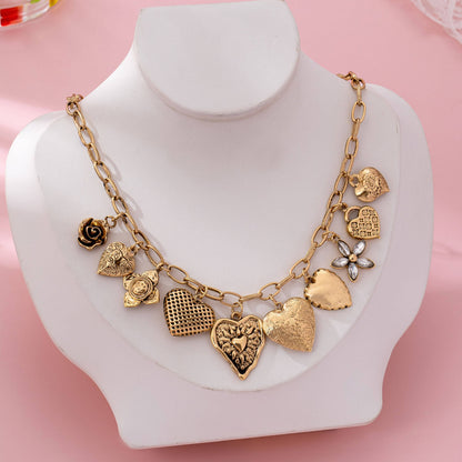 Vintage Gold-Tone Heart Charm Cluster Necklace