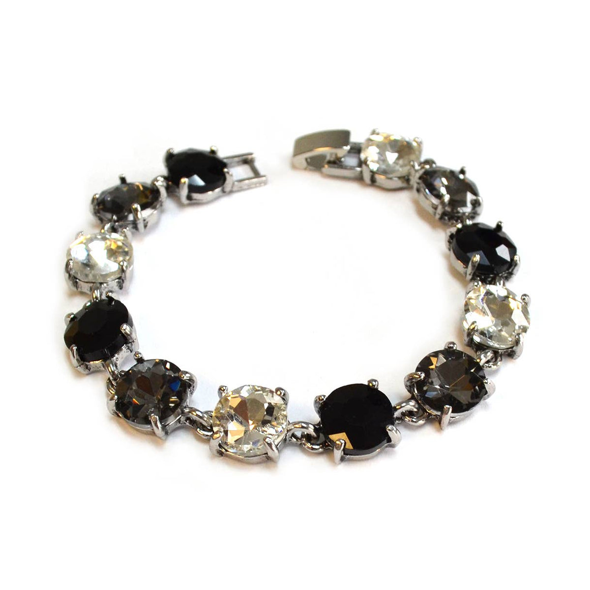 Round Cushion Cut Crystal Glass Linked Bracelet: ANTIQUE-SILVER-BLACK-MULTI