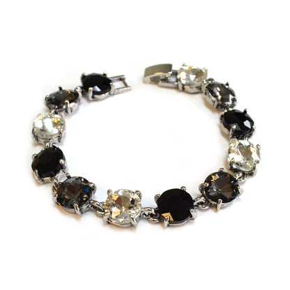 Round Cushion Cut Crystal Glass Linked Bracelet: ANTIQUE-SILVER-BLACK-MULTI