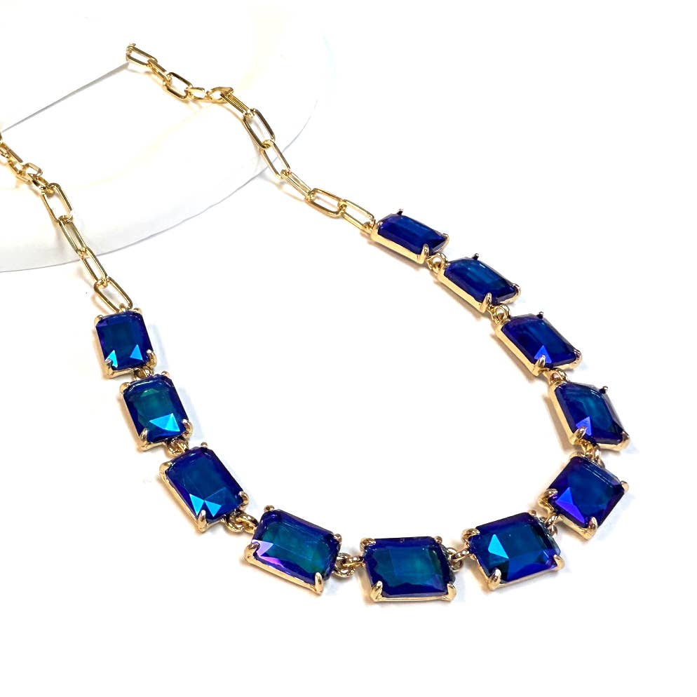 Rectangle Crystal Glass Linked Statement Chain Necklace : Blackdia-AB