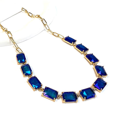 Rectangle Crystal Glass Linked Statement Chain Necklace : Blackdia-AB