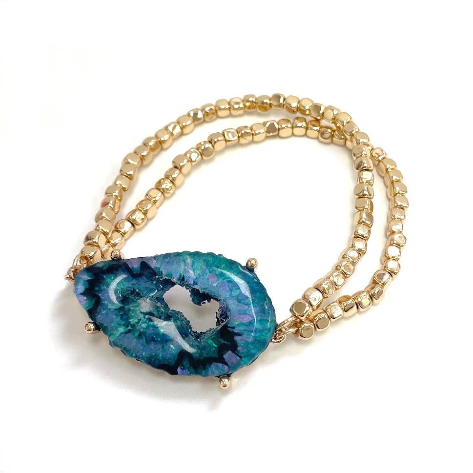 Resin Large Agate Pendant Gold Beaded Stretch Bracelet: Teal