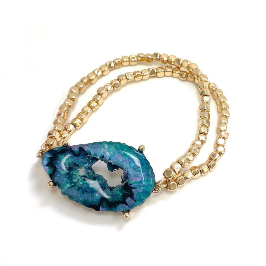 Resin Large Agate Pendant Gold Beaded Stretch Bracelet: Teal