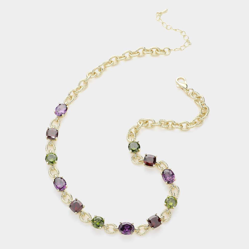 14K Gold Plated CZ Round Square Stone Cushion Link Necklace