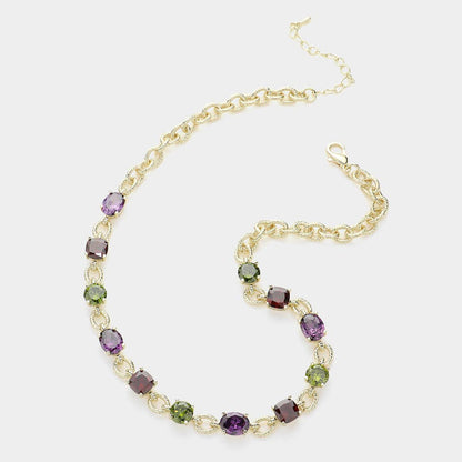 14K Gold Plated CZ Round Square Stone Cushion Link Necklace