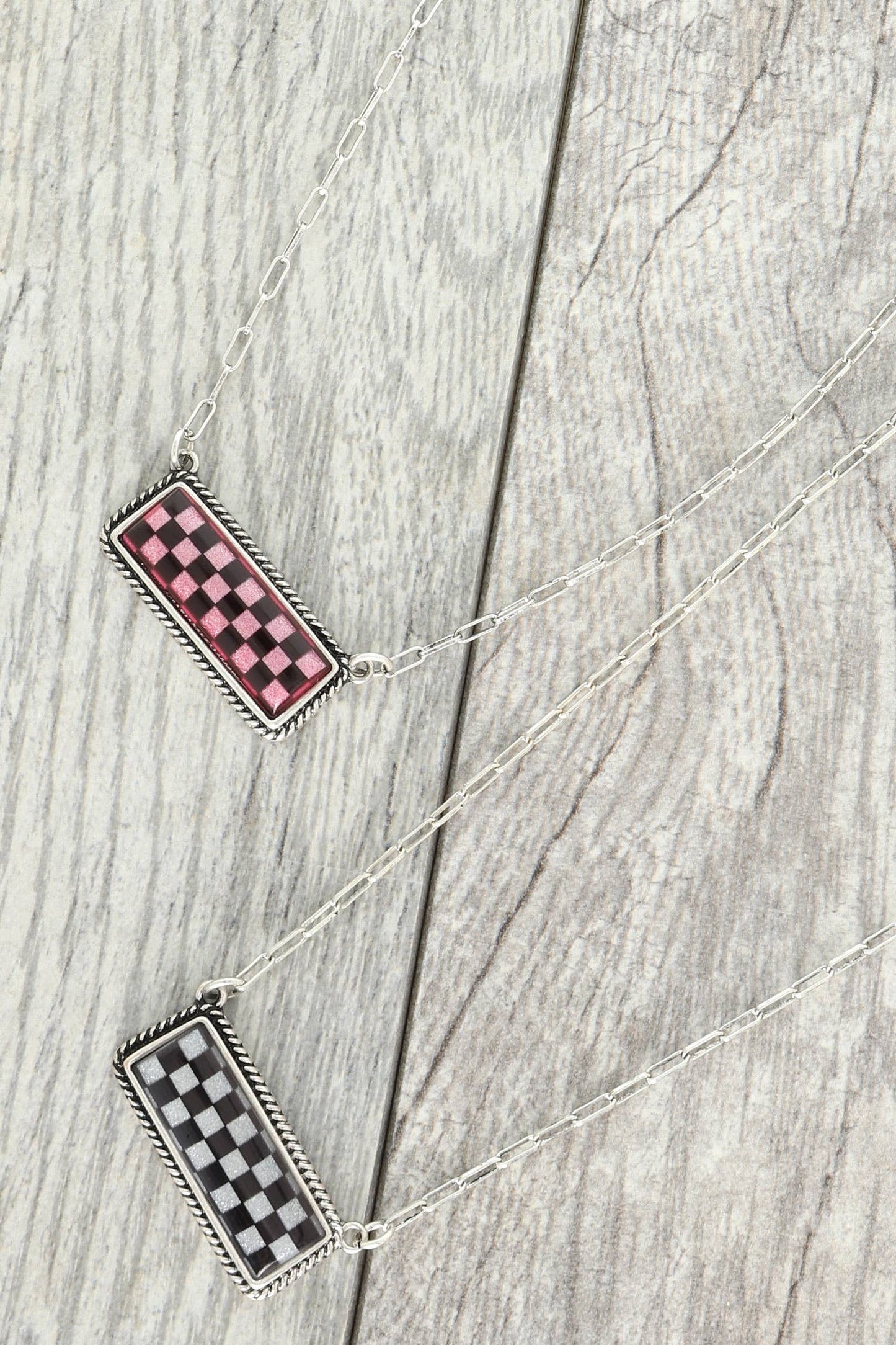 Western Checkerboard Bar Pendant Necklace : White