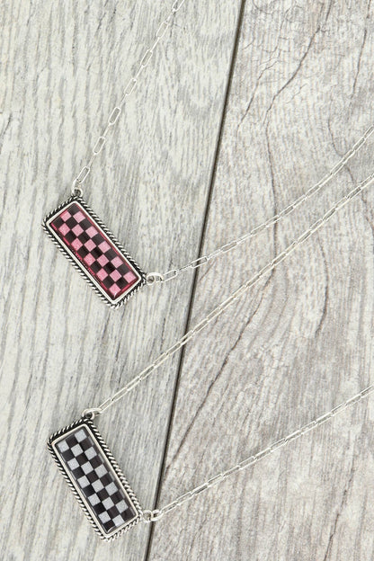 Western Checkerboard Bar Pendant Necklace : White