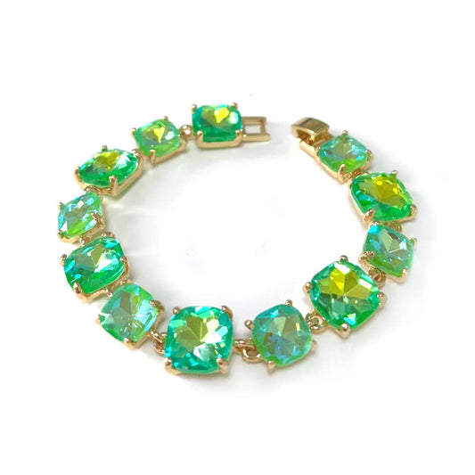 Cushion Cut Glass Crystal Linked Station Bracelet: NEON-MINT-AB