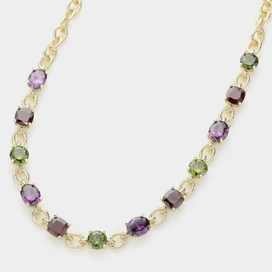 14K Gold Plated CZ Round Square Stone Cushion Link Necklace