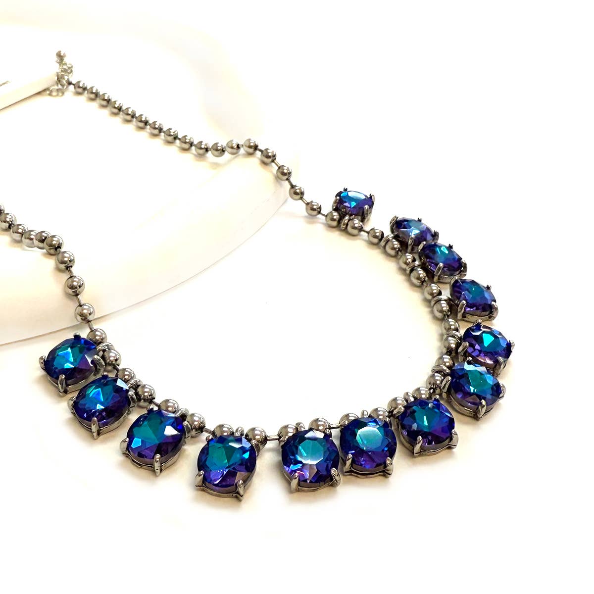 Crystal Glass Bead Dangle Station Ball Beaded Chain Necklace: Antique-Silver-Black-Multi