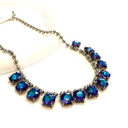 Crystal Glass Bead Dangle Station Ball Beaded Chain Necklace: Antique-Silver-Black-Multi