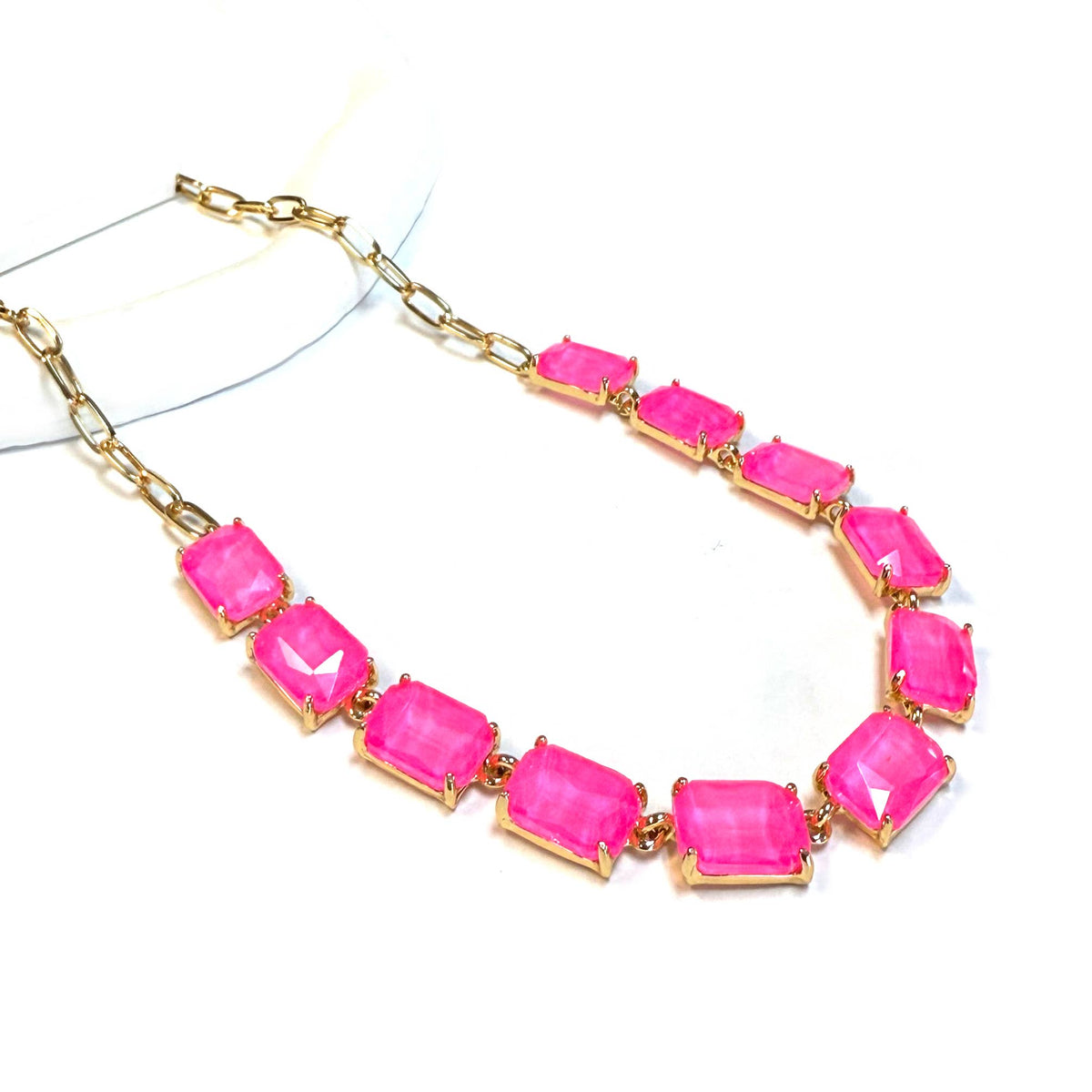 Rectangle Crystal Glass Linked Statement Chain Necklace : Blackdia-AB