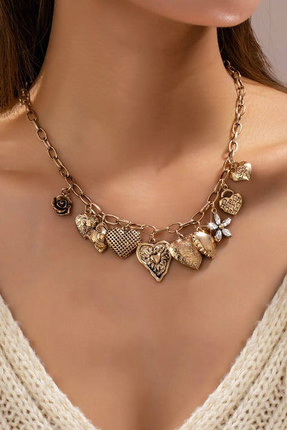 Vintage Gold-Tone Heart Charm Cluster Necklace