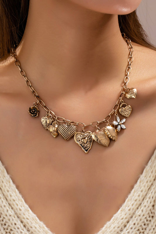 Vintage Gold-Tone Heart Charm Cluster Necklace