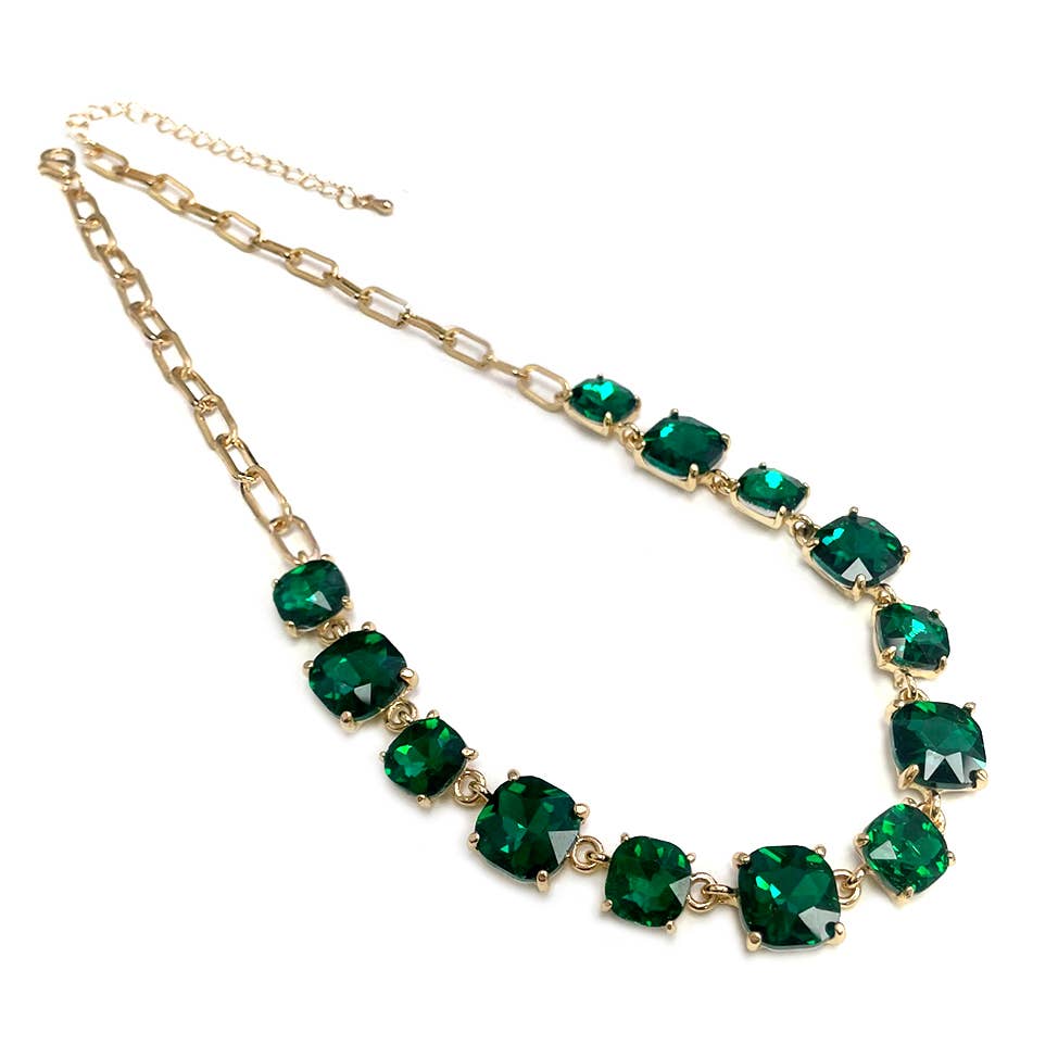 Cushion Cut Square Glass Crystal Linked Chain Necklace: BLUE(BU)-AB