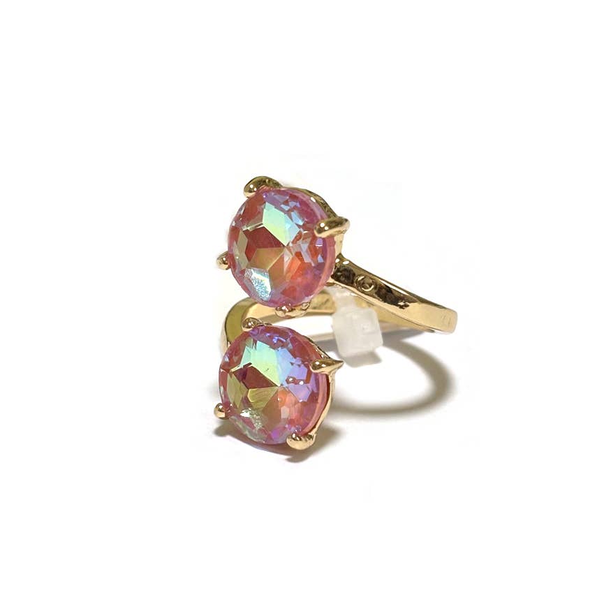 Double Round Crystal Stone Opposite Ends Adjustable Ring: RAINBOW