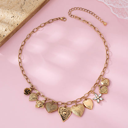 Vintage Gold-Tone Heart Charm Cluster Necklace