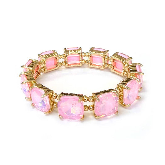 Cushion Cut Glass Crystal Linked Stretch Bracelet: PASTEL-PINK