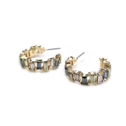 Baguette Resin Stone Beads Linked C Shape Hoop Earrings: Black-Dia