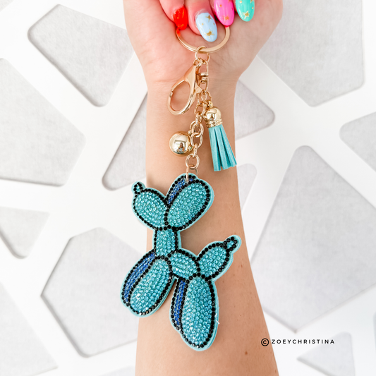 Rhinestone Balloon Dog Keychain Sparkly Keychain Accessory: Blue