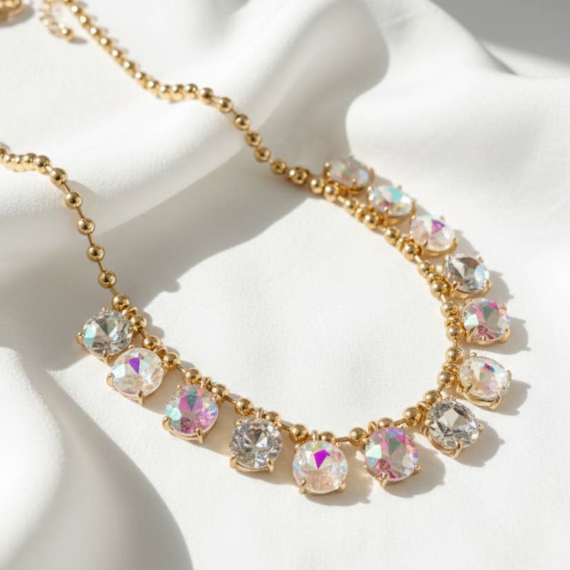 Crystal Glass Bead Dangle Station Ball Beaded Chain Necklace: Antique-Silver-Black-Multi