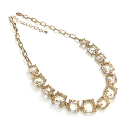 Cushion Cut Square Glass Crystal Linked Chain Necklace: FUCHSIA-AB