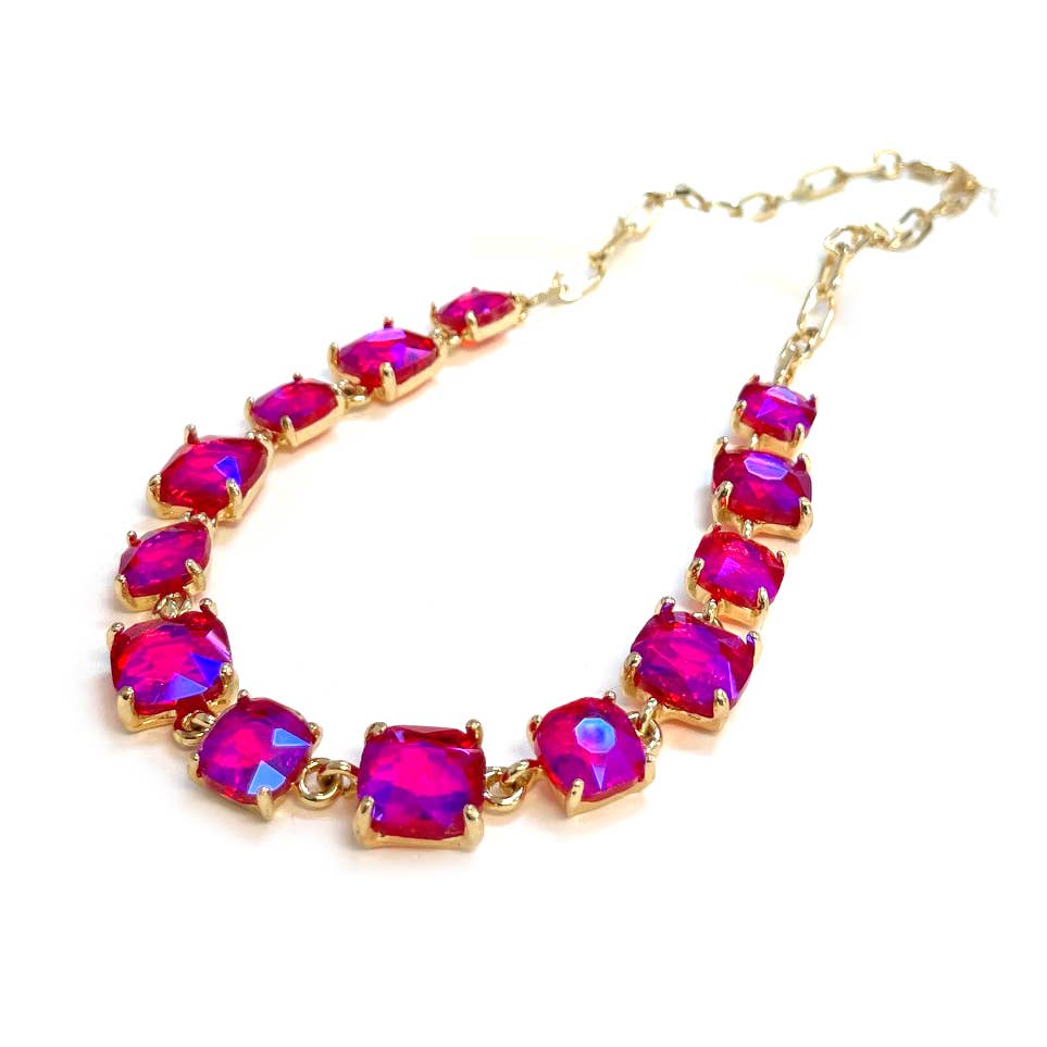 Cushion Cut Square Glass Crystal Linked Chain Necklace : GORGEOUS MULTI 2