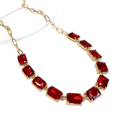 Rectangle Crystal Glass Linked Statement Chain Necklace : Blackdia-AB