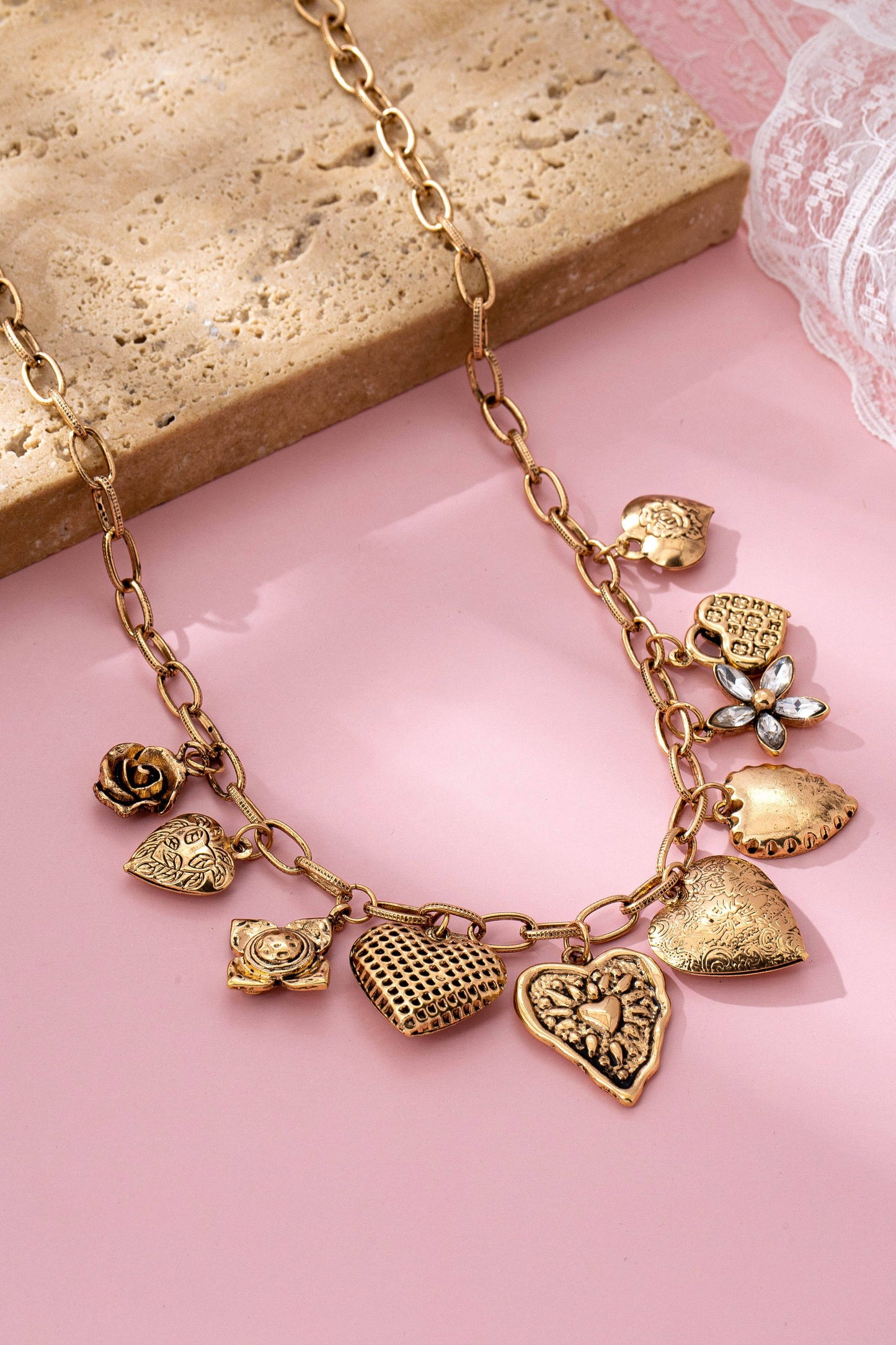 Vintage Gold-Tone Heart Charm Cluster Necklace
