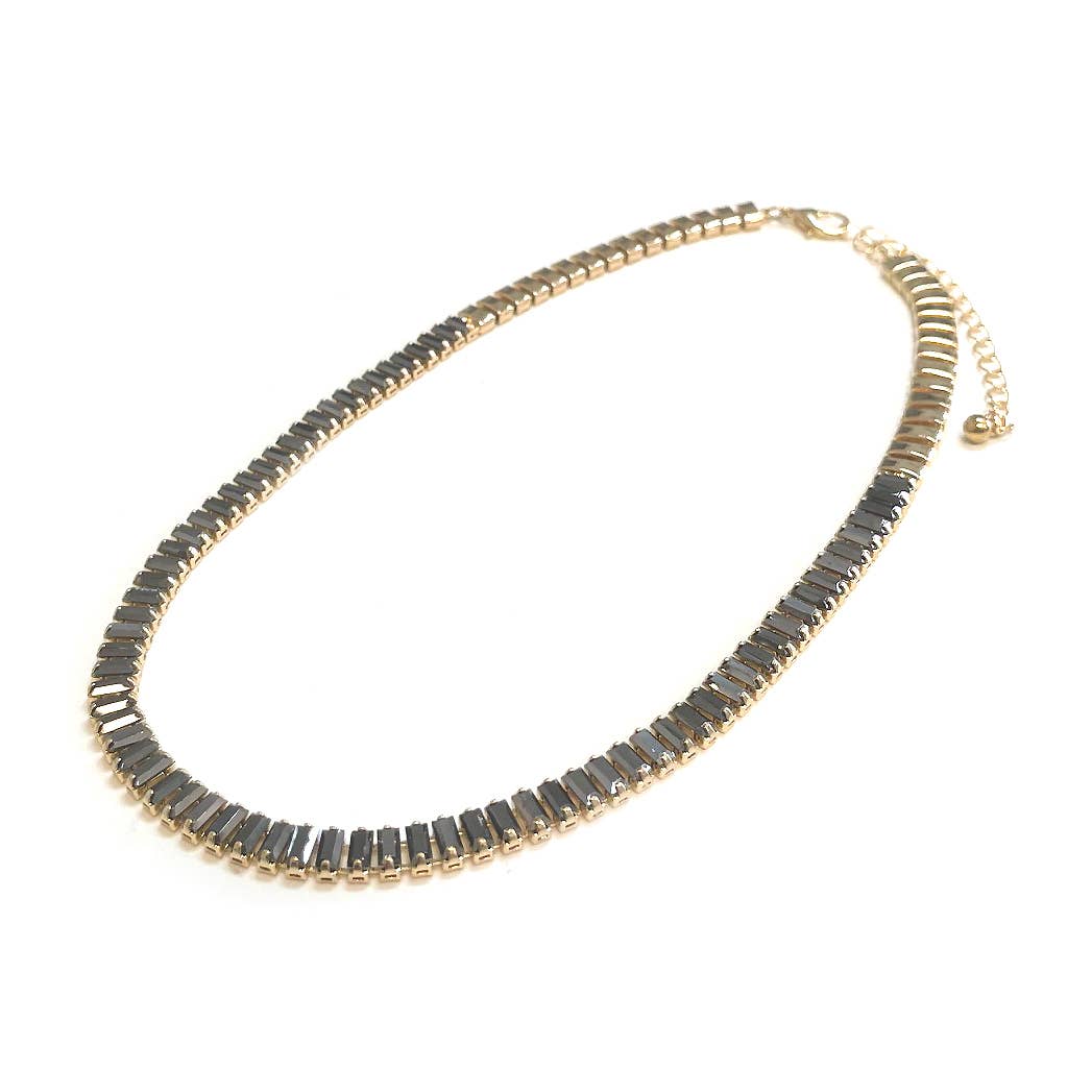 Cubic Zirconia CZ Baguette Bead Linked Choker Necklace: Hematite