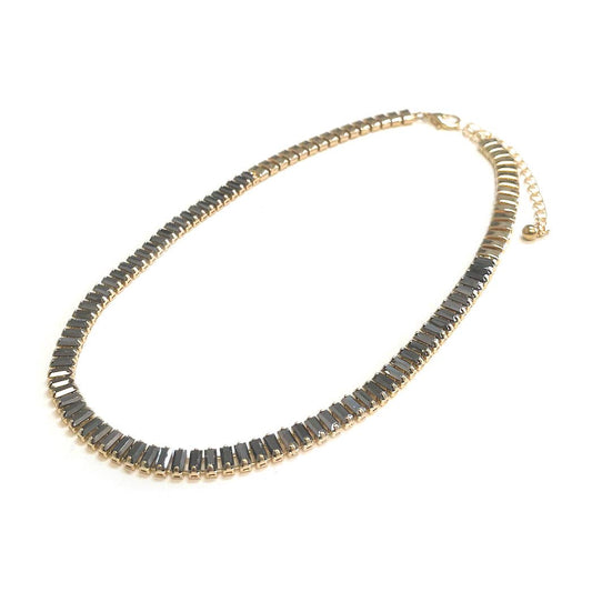 Cubic Zirconia CZ Baguette Bead Linked Choker Necklace: Hematite