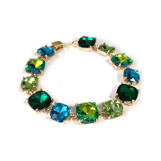 Cushion Cut Glass Crystal Linked Station Bracelet: Green Multi