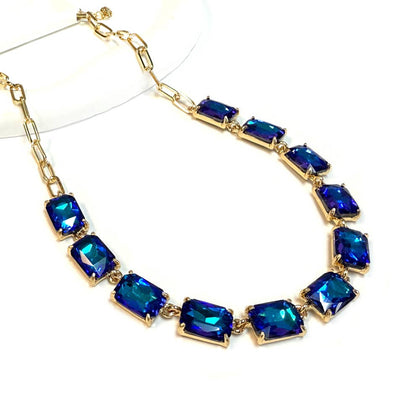 Rectangle Crystal Glass Linked Statement Chain Necklace : Blackdia-AB