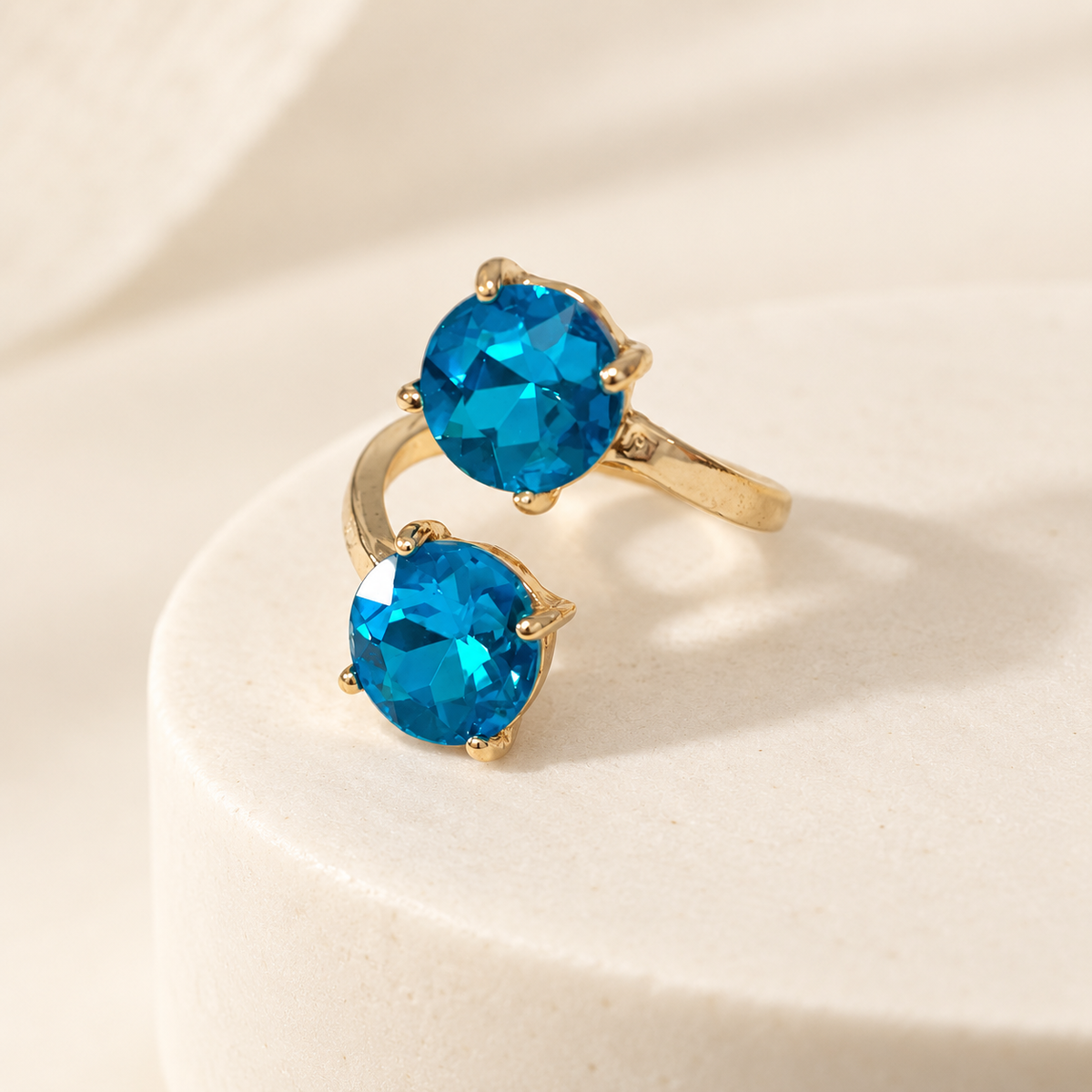 Double Round Crystal Stone Opposite Ends Adjustable Ring: X-BLUE