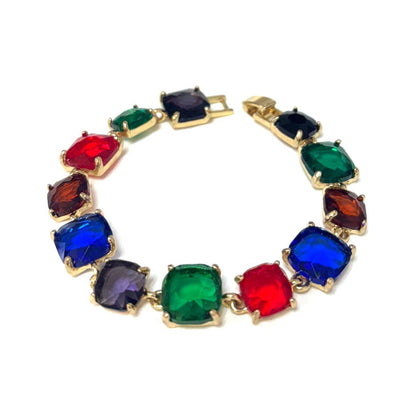 Cushion Cut Glass Crystal Linked Station Bracelet: BROWN-MULTI