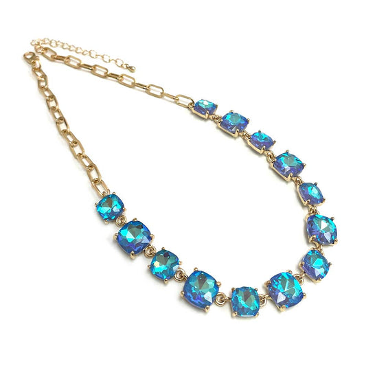 Cushion Cut Square Glass Crystal Linked Chain Necklace: BLUE(BU)-AB